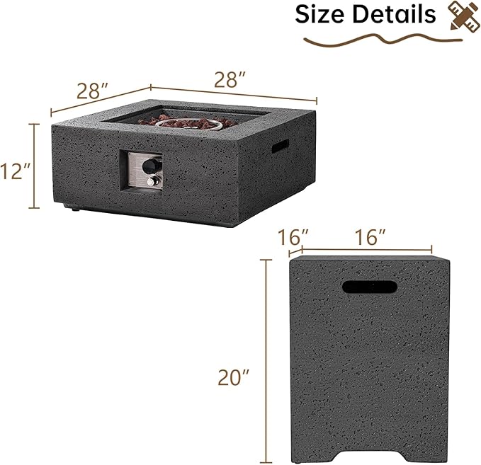 SUNBURY Outdoor Travertine Fire Pit Table, Propane Gas Fire pits &Outdoor Fireplaces 35 inch Square Firepit Table with Tank Cover, 50000 BTU Fire Table for Patio Set, Stone Gray