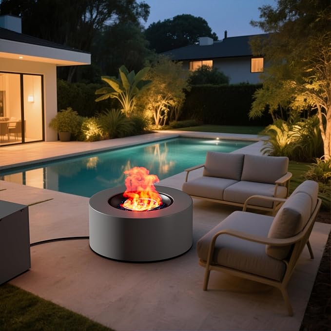 30" Round Propane Fire Pit Table - 50K BTU with Lid, Rocks Tank Storage and Cover - Round Gas Fire Pits for Outside Patio - Outdoor Table with Firepit (Grey, 30" Round)