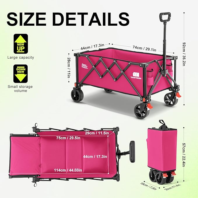 Collapsible Wagon Cart with Extended Tailgate,Heavy Duty Folding Cart, 155L Foldable Utility Wagons for Beach, Picnic, Grocery, Outdoor Camping(Pink)