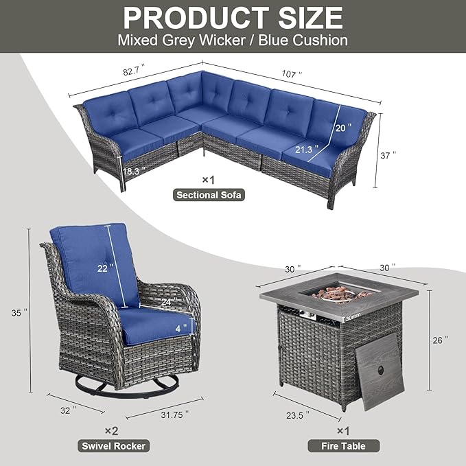 Belord Outdoor Sectional Sofa Furniture Set with Propane Fire Pit Table, Wicker Patio Conversation Set with 2 Swivel Glider Rocker Chairs Blue Cushion Perfect for Backyard Casual Gathering