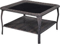 Rilyson Patio Tables Outdoor Coffee Table - Wicker Rattan Coffee Tables with 2-Tier Storage Shelf Glass Top for Proch Deck Balcony Garden Squre Brown