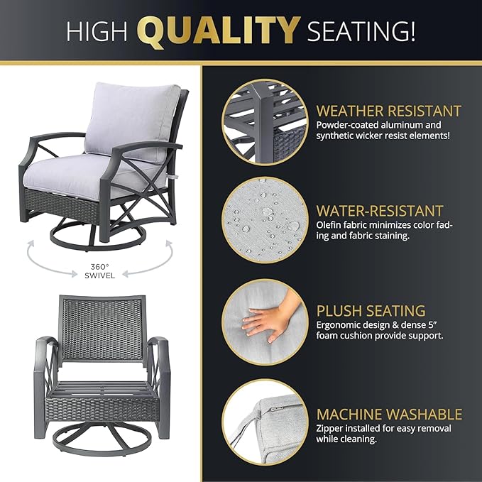 Ethan Rattan 5-Piece Patio Furniture Set with Fire Pit Table, 42-Inch Fire Outdoor Propane Pit Dining Table Conversation Set, 50,000 BTU, Includes 4 Sofa Swivel Chairs (Grey Grey)