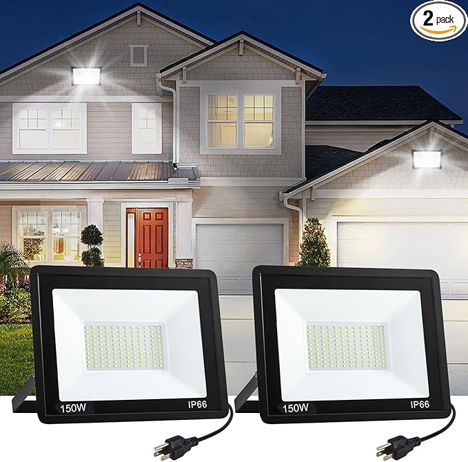 2 Pack 150W LED Flood Lights Outdoor, IP66 Waterproof 15000 LM Super Bright Outdoor Security Lights, Wired LED Work Light with Plug, 6000K Daylight White Floodlights for Garage,Yard,Garden,Patio