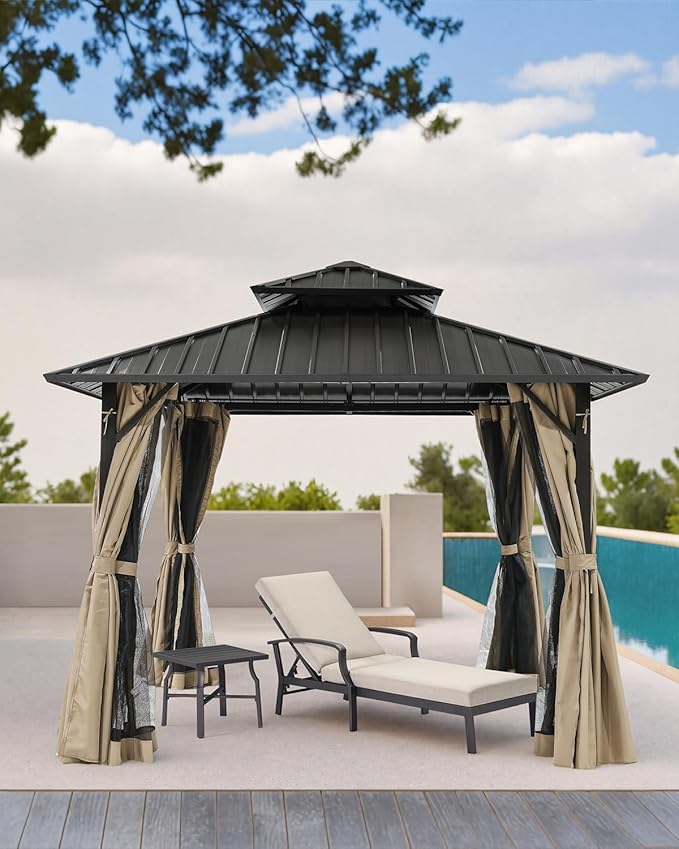 SEEHILL 10' x 10' Hardtop Gazebo, Aluminum Frame Outdoor Patio Gazebos with Netting and Curtains, Outdoor Gazebo Canopy, Patio Pergola with Double Steel Roofs for Backyard, Patio, Deck, Sandstone