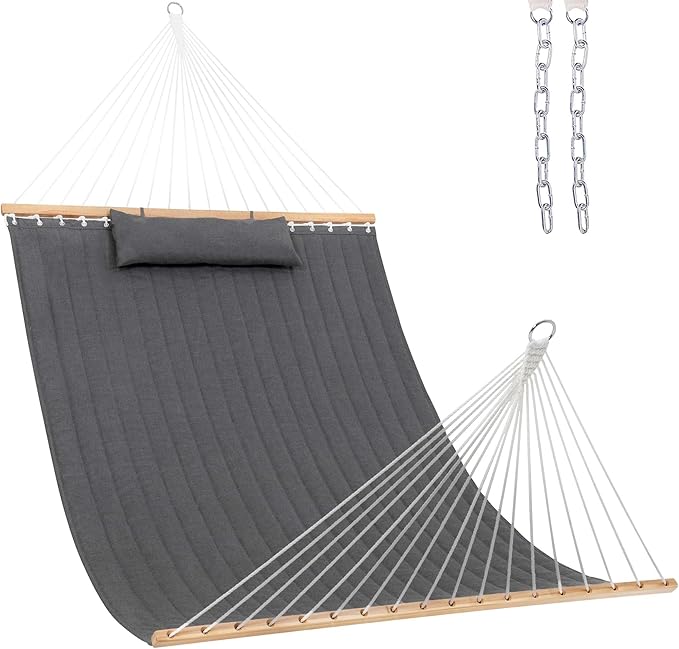 Lazy Daze Hammocks 12 FT Sunbrella Quilted Hammock Double Hammock with Hardwood Spreader Bar, for Patio Outdoor Outside All Weather, 450 lbs Capacity, Cast Slate