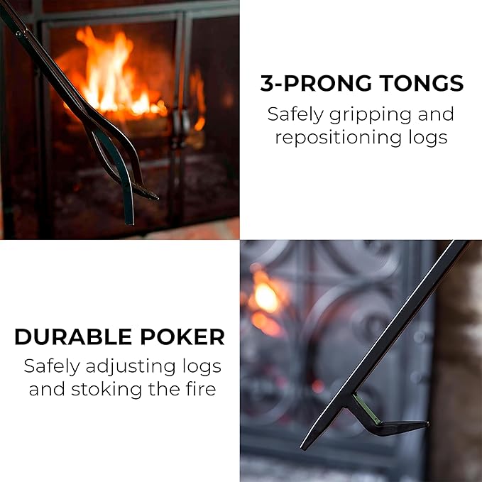 Plow & Hearth 5 Piece Hand Forged Iron Compact Fireplace Tool Set 32.5" | Black Wrought Iron Handle for Outdoor Indoor | Stand Poker Shovel Brush Log Tongs Wood Stove Accessory