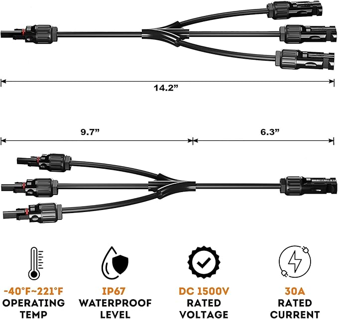 XYRIS Solar Panel Connectors - 3 to 1 Y Branch Parallel Adapter Cable Wire Plug Tool Kit for Solar Panel 1 Pair (M/FFF+F/MMM)