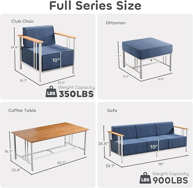 Luxury Patio Chairs with 10" Extra Thick Cushions, Outdoor Chairs with Ottomans, 4 PCS Outdoor Furniture Set for Porch, Balcony, Deck, Patio, Yard, Poolside, White/Blue