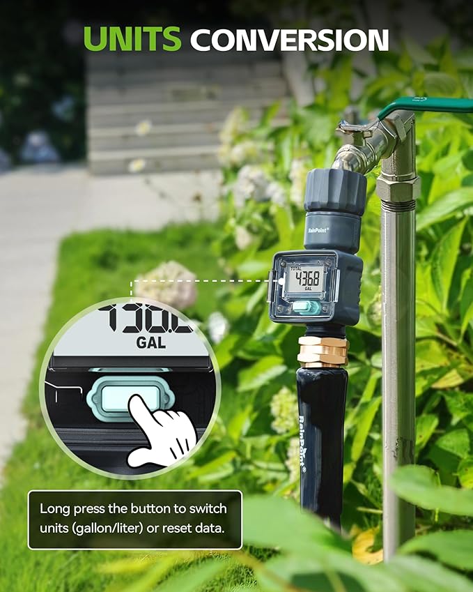 RAINPOINT Water Flow Meter, Measure Consumption and Flow Rate up to 9999.9 Gallon/Liter, ±5% Accuracy, Water Meter for RV, Garden Hose, Pool, Lawn Sprinkler & Nozzle Sprayer