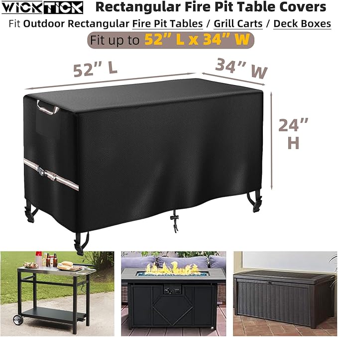 Rectangular Gas Fire Pit Table Cover 52 x 34 inch, Waterproof 600D Heavy Duty Fire Table Cover for 48 - 52 inch Patio Propane Firepit Tables
