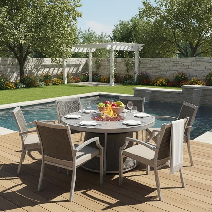 7-Pieces Patio Furniture Set with 52" Round Fire Pit Table, 6 x Patio Dining Chair with Cushions, 50,000 BTU, with CSA Certified, All-Weather Aluminum Frame Conversation Sets for Yard, Patio, Garden