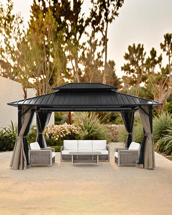 SEEHILL 10' x 12' Hardtop Gazebo, Aluminum Frame Outdoor Patio Gazebo with Netting and Curtains, Outdoor Hardtop Gazebos, Patio Pergolas with Double Metal Roofs for Backyard, Patio, Deck, Sandstone