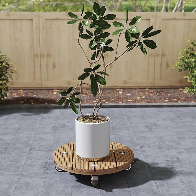 mondaria 2 Pack Plant Caddy with Wheels, 13.8" Wood Plastic Composite Plant Stand, Heavy Duty Round Plant Dolly with Metal 360° Lockable Caster Wheels for Large Plant Pots, Flower Pot ,Brown