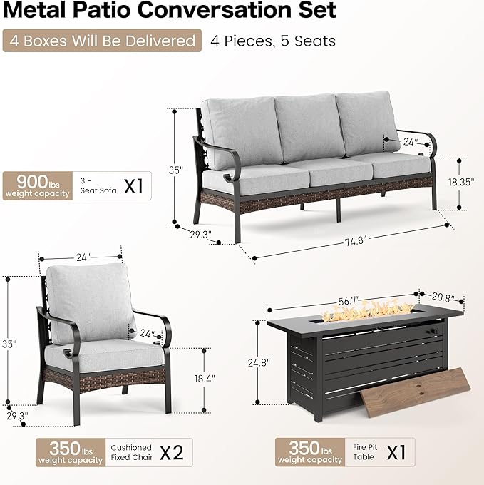 SUNSHINE VALLEY 4 Piece Black Metal Outdoor Patio Furniture Sets with Firepit Table, Patio Conversation Sets 1 3-Seater Sofa, 2 Single Sofa with 5.75" Cushion Backyard Furniture for Deck, Light Gray