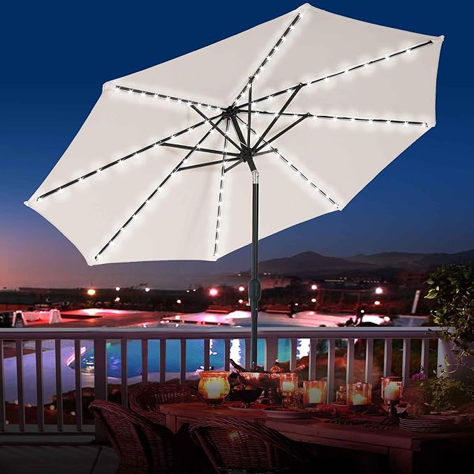 Sundale Outdoor Olefin 5-Year-Non-Fading Solar 80 LED 9 FT Solar Patio Umbrella with Sand Bag Base, Outdoor Umbrella with Tilt and Crank, Beige