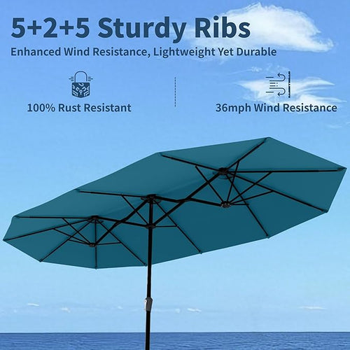15FT Double Sided Patio Umbrella with Base Included Large Outdoor Market Umbrella with Crank Handle, UV Resistant Canopy, Sturdy Frame for Garden, Poolside, Deck, Lake Blue