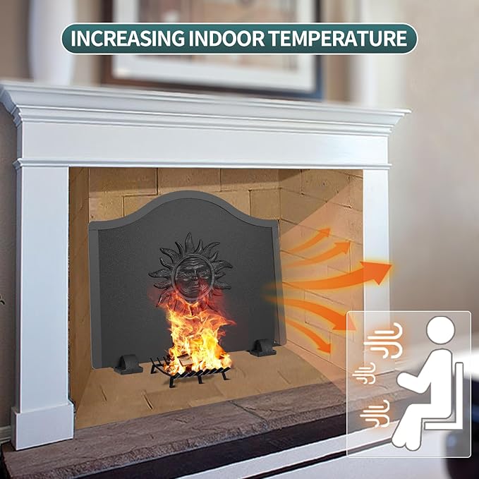 Iron Fireback with Feet - 19.5in Sun Fireplace Heat Reflector, Heat-Resistant Material with Decorative Design for Wall Protection