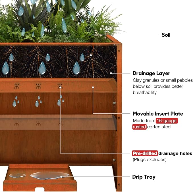 KOL Pre-Rusted Metal Steel 32''H Planter Box, Weathering Steel Planter Box,Rustic Finish Tall Rectangular Plant Pot, Modern Industrial & Residential Outdoor Indoor Use, 36" L.x11 W.x32 H. Rusty.