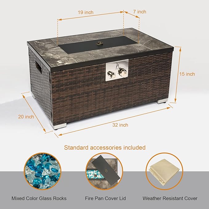 32'' Propane Fire Pit Table, Marble Textured Ceramic Tabletop, 50,000 BTU Fire Table with Brown Wicker, Mix Color Glass Rocks, Including Lid&Cover, Rectangle, Tank Required to Be Kept Outside