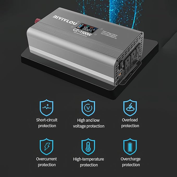 1500W Pure Sine Wave Inverter (3000W Peak), 12V/24V Auto-Detect, 50Hz/60Hz Switchable, LCD Display, Type-C Fast Charging, Silent Design, Overload & Overheat Protection for RV, Home (1500W)