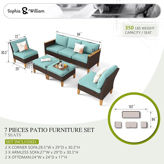 Sophia & William 7 Piece Patio Furniture Sets, Sectional Outdoor Rattan Wicker Sofa, All Weather Patio Conversation Set for Deck Backyard Lawn, Outdoor Couch, Blue