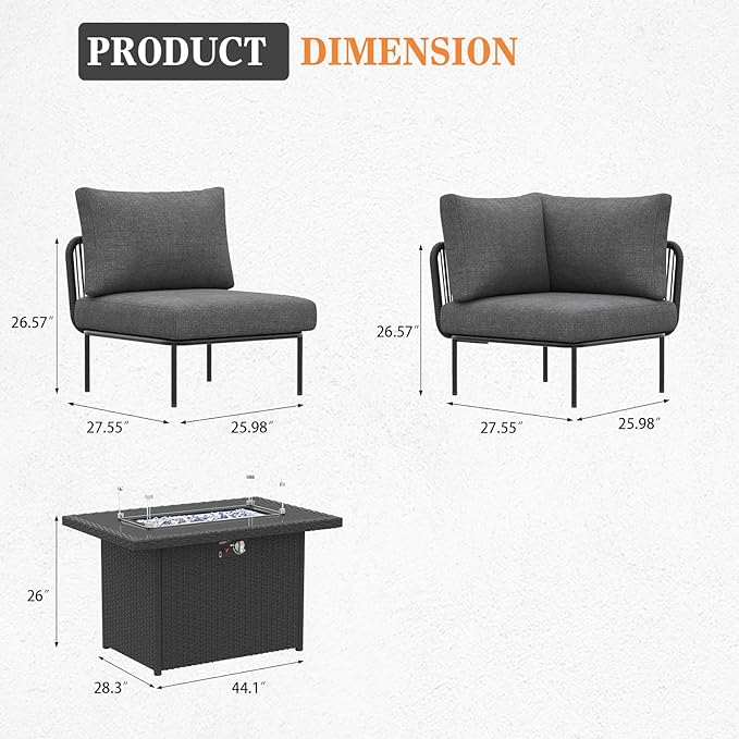 7 Piece Modern Outdoor Rope Wicker Sectional Patio L-Shaped Conversation Sofa Set Deep Seating with Fire Pit Table