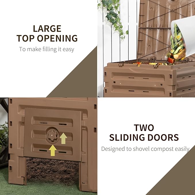 Outsunny Garden Compost Bin, 120 Gallon (450L) Garden Composter, BPA Free, with 80 Vents and 2 Sliding Doors, Lightweight & Sturdy, Fast Creation of Fertile Soil, Brown