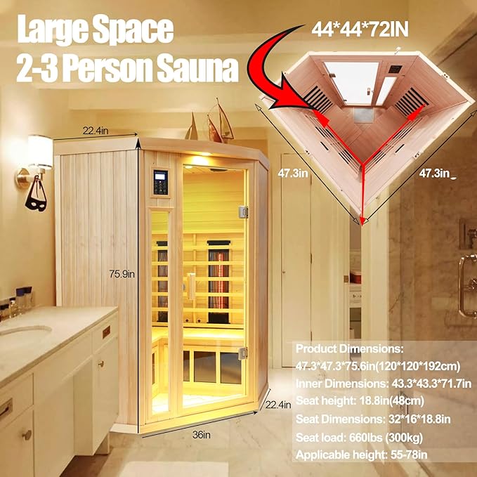 2-3 Person Infrared Saunas for Home, Low EMF Ceramic Infrared Sauna, Indoor Home Sauna Spa, Hemlock Wooden Corner Suana Room, Bluetooth Speakers, Chromotherapy Lights