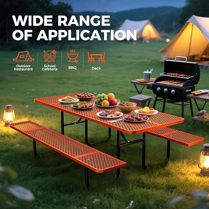 KUFUH 72" Coated Round Metal Picnic Table for 4-6 Person, Durable Heavy Duty Commercial Picnic Table with Umbrella Hole for Outdoor Coffee Shop, School, Easy to Install, Orange