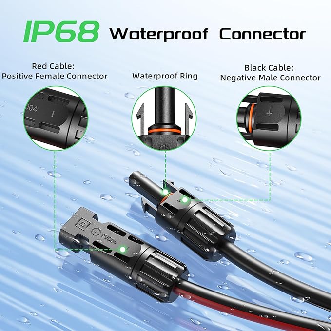 Bateria Power 10 Feet 10AWG Solar Panel Extension Cable, 6mm² Twin Wire Conductor Parallel Solar Wire Adapter Kit with Waterproof Female & Male Solar Connectors for RV, Marine, Photovoltaic Systems