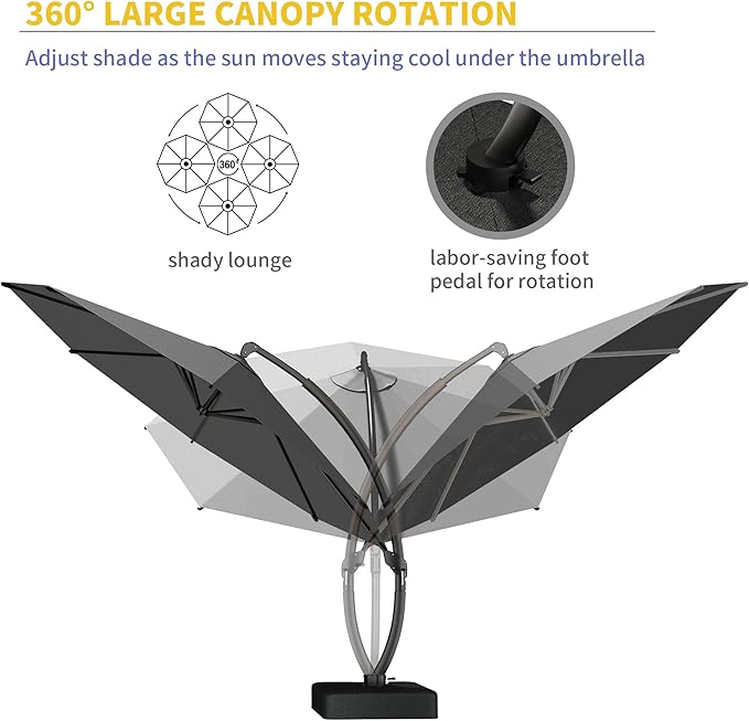 Kingdura 12ft Cantilever Patio Umbrella with Base Included, Large Round Offset Outdoor Pool Umbrella, 360° Rotation & Infinite Tilt, Heavy Duty Aluminum Frame for Deck Backyard, Grey