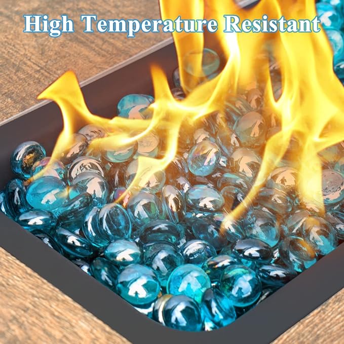 GASPRO 20 lbs Fire Pit Glass for Propane Fire Pit, 3/4 Inch Fire Glass Beads for Fireplace Fire Pit Table, Glass Rocks for Landscaping - Caribbean Blue