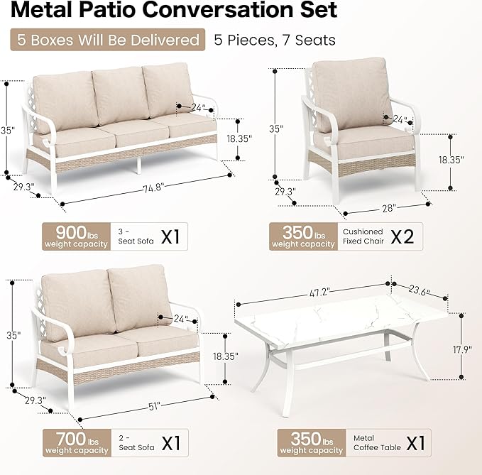 SUNSHINE VALLEY 6 Piece Metal Outdoor Patio Furniture Set, Patio Conversation Set 1 3-Seater Sofa, 2-Seater Sofa, 2 Fixed Chair with 5.75" Thick Cushion & Coffee Table White Backyard Furniture, Beige