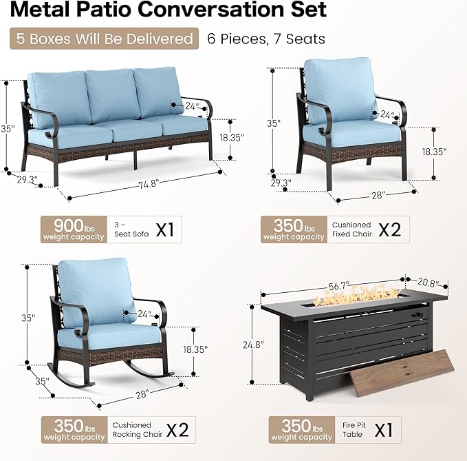 SUNSHINE VALLEY 6 Piece Black Metal Outdoor Patio Furniture Sets with Firepit Table, Patio Conversation Sets 1 3-Seater Sofa, 2 Leg Chair and 2 Rocking Chair with 5.75" Cushion for Backyard Deck, Blue