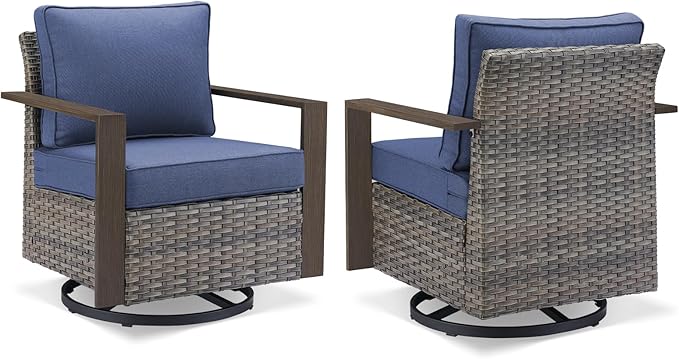 Rilyson Outdoor Wicker Patio Furniture Set - 5 Piece Patio Conversation Set with 2 Wicker Swivel Rocker Chairs,2 Rattan Ottoman and 1 Couch,Thick Cushions,Deep Seating,Wide Armrest(Mixed Grey/Blue)
