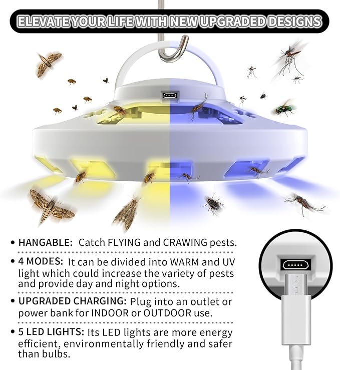 Flea Trap for Inside Your Home with 3 Sticky Pads, Flea Light Traps Kills Fleas in House, Hanging Flea Lamp with USB Cable and Led Light Pest Control for Bug Moth Gnat Indoor and Outdoor