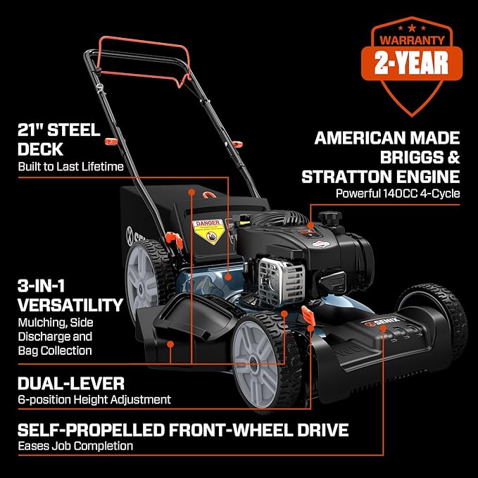 SENIX LSSG-M9 21-inch Gas Self-Propelled Lawn Mower - 140 cc 4-Cycle Briggs & Stratton Engine, Bagging, Mulching, and Side Discharge, 6-Position Lever Height Adjustment