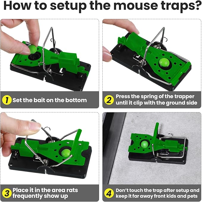 Qualirey 24 Pcs Mouse Traps Plastic Snap Rat Trap Bulk Reusable Quick Effective Safe for Indoor Outdoor Home House Warehouse Garden Kitchen 3.86 x 1.81 x 2.17 Inch (Black,Green)