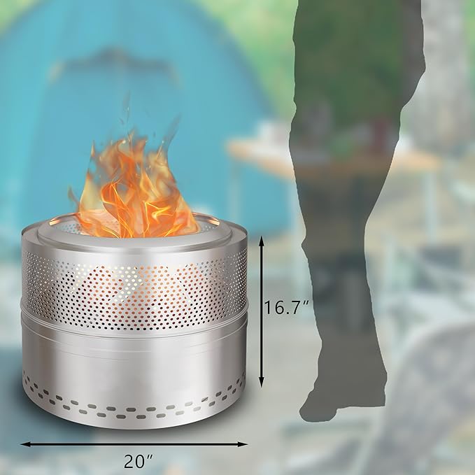 Smokeless Fire Pits for Outside, 20''Portable FirePits for Camping, Outdoor Stainless Steel FirePit with Carry Bag, Wood Burning Stove，Sliver