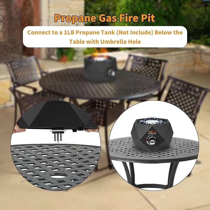 ONLYFIRE OUTDOOR LIVING Propane Gas Fire Pit Bottom-Mounted, 14" Portable Gas Firepit with Glass Stones for Table with Umbrella Hole for Outdoor Patio Camping Bonfire RV, #FP003