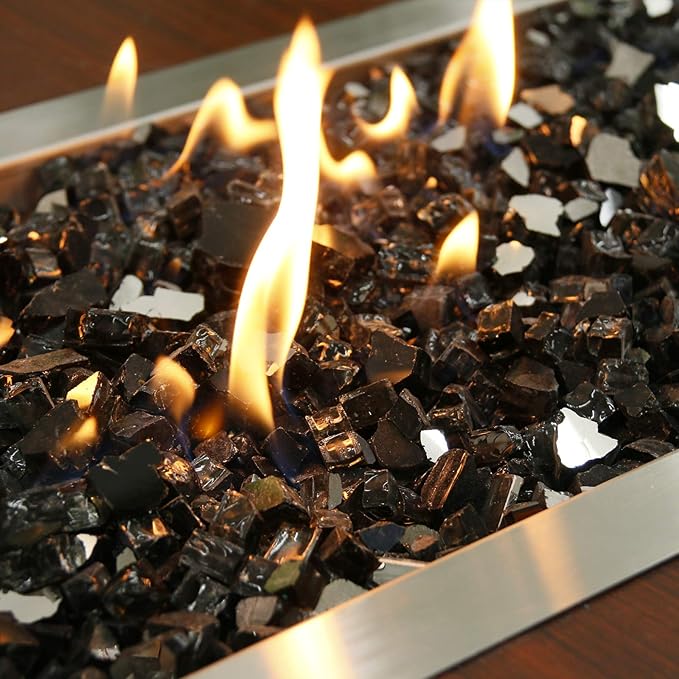 GRISUN Onyx Black Fire Glass for Fire Pit, 20 Pounds 1/2 Inch High Luster Reflective Tempered Glass Rocks for Natural or Propane Fireplace, Safe for Outdoors and Indoors Firepit Glass