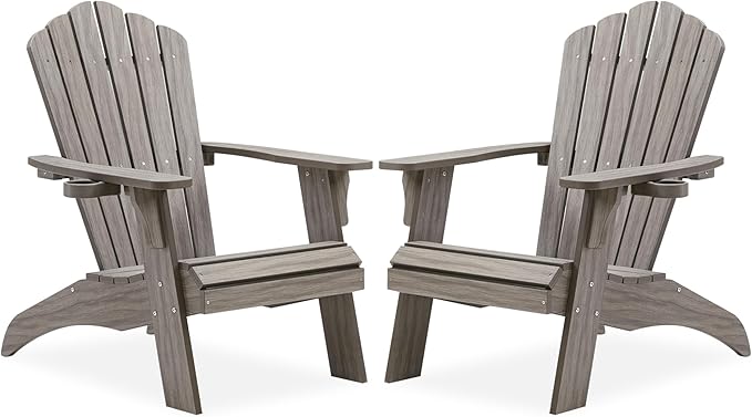 Psilvam Oversized Adirondack Chair, Fade-Resistant & Odor-Free Poly Lumber Fire Pit Chairs with Cup Holder, Weatherproof Lawn Chair, Easy 15 Min Install Patio Chair, 350 Lbs Support (2, Light Gray)