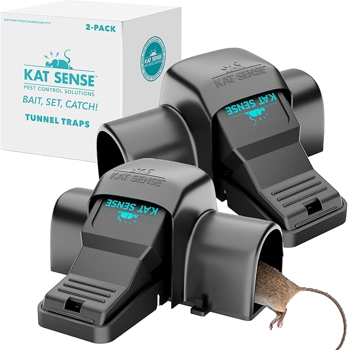 Kat Sense Dual Covered Rat & Chipmunk Traps Set of 2 - Humane Rat Trap Indoor & Outdoor Use, Hinders Accidental Triggering, Tunnel Mouse Trap Design, Touch-Free, Snap Traps for Rats, Mice, Chipmunks