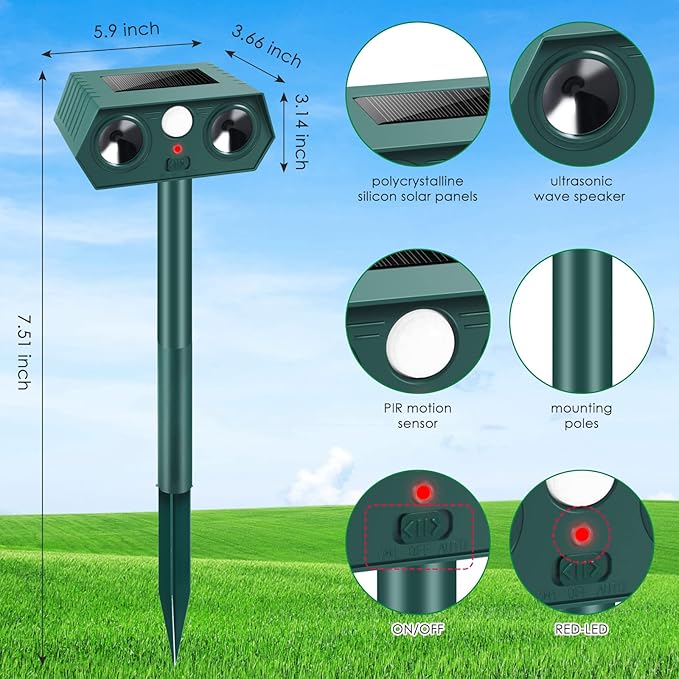 Ultrasonic Animal Repellent Outdoor, 4 Pack Solar Cat Repeller with Motion Sensor - Effective Raccoon, Squirrel, Rabbit, Dog, Skunk for Yard, Garden and Lawn