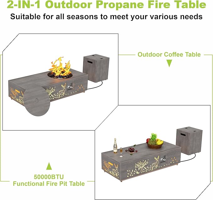 Dineli 2-Piece Outdoor Propane Fire Pit Table Set w Tank Table 48'' Rectangular Firepit Gas Fire Pits for Outside Patio Fire Table w LED, 50,000 BTU (Gray, Deer Cutout with Warmlight)