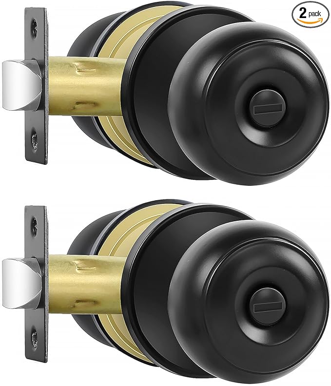RAZCC Privacy Door Knobs, 2 Pack Matte Black Door Knobs with Lock, Bed and Bath Door Knob Interior Keyless Locksets, Round Door Handles Reversible for Left Right Handed Doors