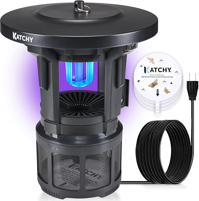 Katchy Outdoor Flying Insect Trap – Wall-Mounted Non-Zapper Trap for Catching and Killing Flies, Safe and Easy to Use (Black, 1 Device & 4 Refills)