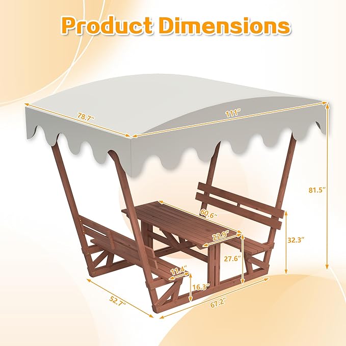 Rueekfil Outdoor Solid Wood Picnic Table with Bench Set & Removable Waterproof Canopy, All-Weather Commercial Camping Table for School, Patio Garden Deck Park Beach, Brown