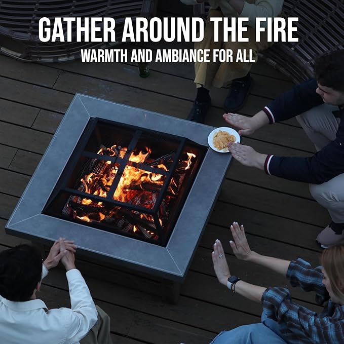 Firepits for Outside，Wood Burning Fire Pit with Wood-Grain Side Panels,Firepit for Outside with Mesh Cover & Fire Poker,Square Modern Outdoor Fireplace Fire Table. (Countryside)