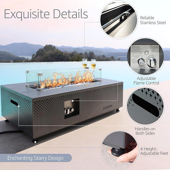 NICESOUL 42'' Outdoor Propane/Natural Gas Fire Pit Table, Rectangle Patio Firepits with Hidden Tank Table, 50000 BTU Modern Fireplace with LED Star Light for Outside Backyard, CSA Certified, Gray